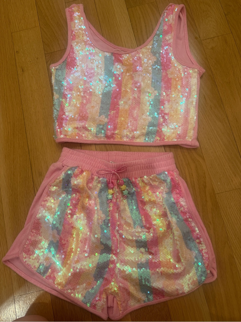Lola + The Boys Pink Sequin Rainbow Stripe Tank & Shorts Set size 14